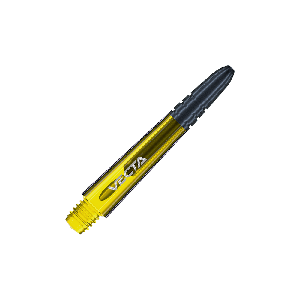 7025-106_Winmau_Vecta_Shafts_Gelb_34mm_2 Das Bild zeigt einen Winmau Vecta Shaft in der Farbe Gelb. Der Schaft hat ein modernes Design mit einer schwarzen Spitze und der Aufschrift "VECTA".