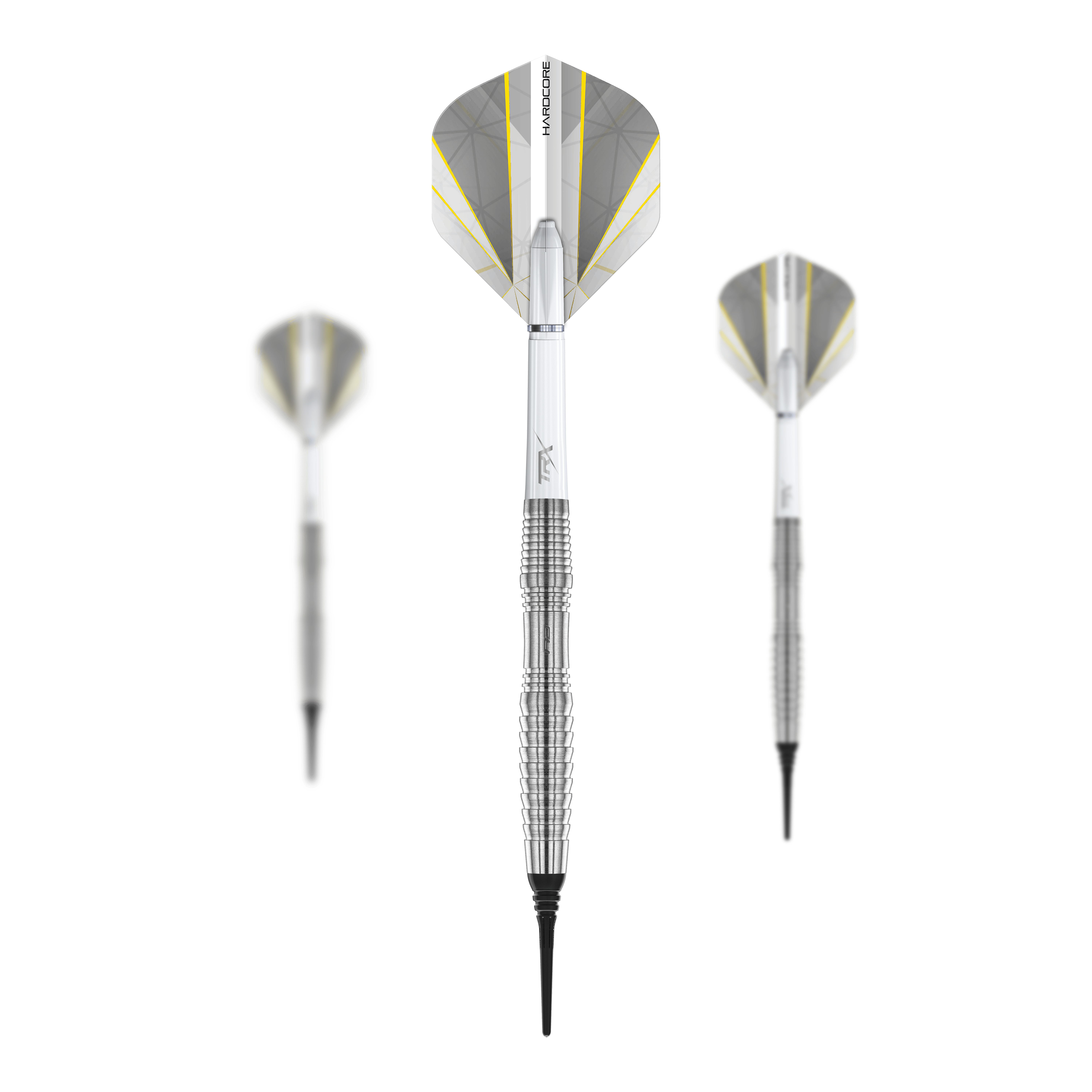 Red Dragon Seren 3 Pure Softdarts - 20g Das Bild zeigt drei Softdarts des Modells "Red Dragon Seren 3 Pure" mit einem Gewicht von 20g. Die Darts sind silberfarben mit weißen und gelben Flights.