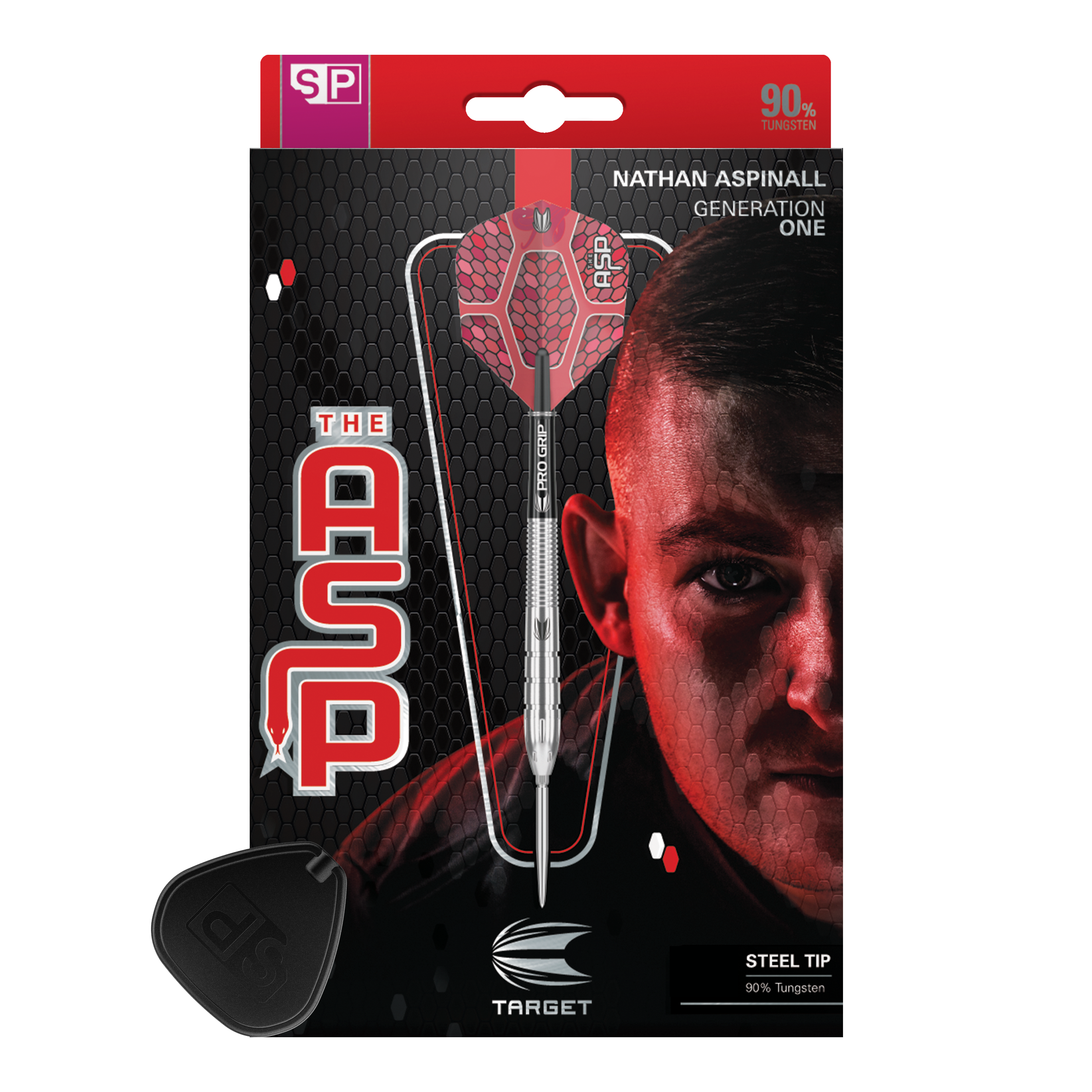 Target Nathan Aspinall GEN1 Swiss Point Steeldarts Das Bild zeigt die Verpackung der "Target Nathan Aspinall GEN1 Swiss Point Steeldarts". Auf der Verpackung ist ein Steeldart sowie das Porträt eines Mannes abgebildet.