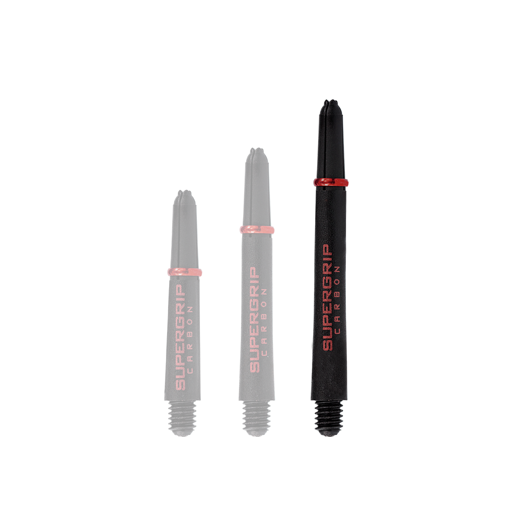 HR359_Harrows_Supergrip_Carbon_Shafts_Rot_47mm_1 Das Bild zeigt drei schwarze Dartschäfte der Marke Harrows Supergrip Carbon mit roter Aufschrift. Die Schäfte sind in unterschiedlichen Längen dargestellt.