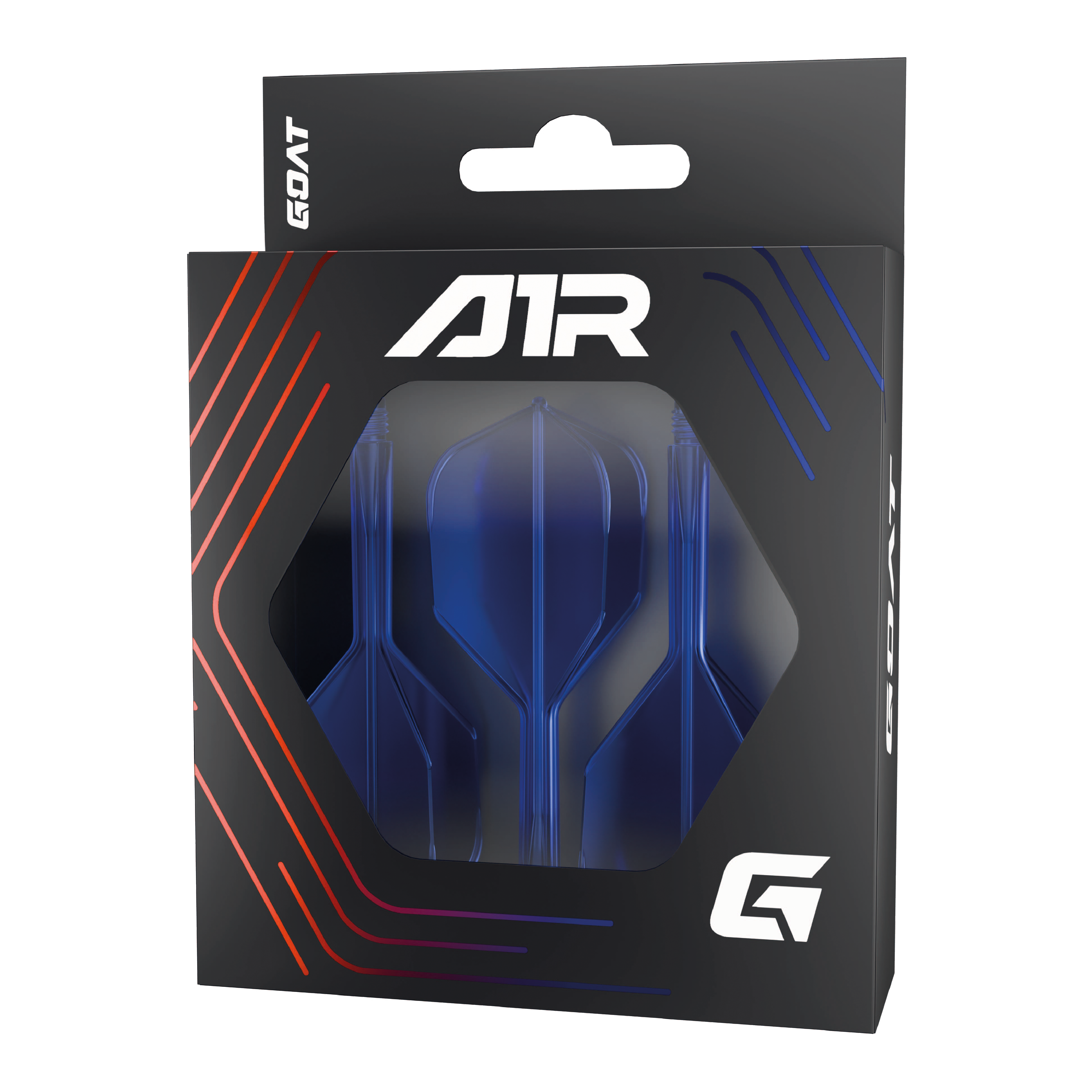 GOAT A1R No6 Flight-Shaft-System - Blau Die Abbildung zeigt das Produkt "GOAT A1R No6 Flight-Shaft-System - Blau" in seiner Verpackung. Im Inneren sind blaue Dart-Flights und -Schäfte sichtbar.