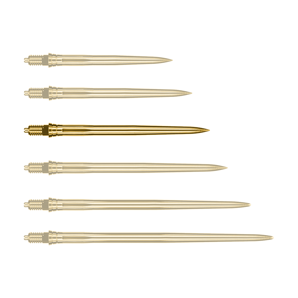 Das Bild zeigt goldene Dartspitzen in glatter Ausführung, 36 mm lang. Es ist kein Produktname angegeben.