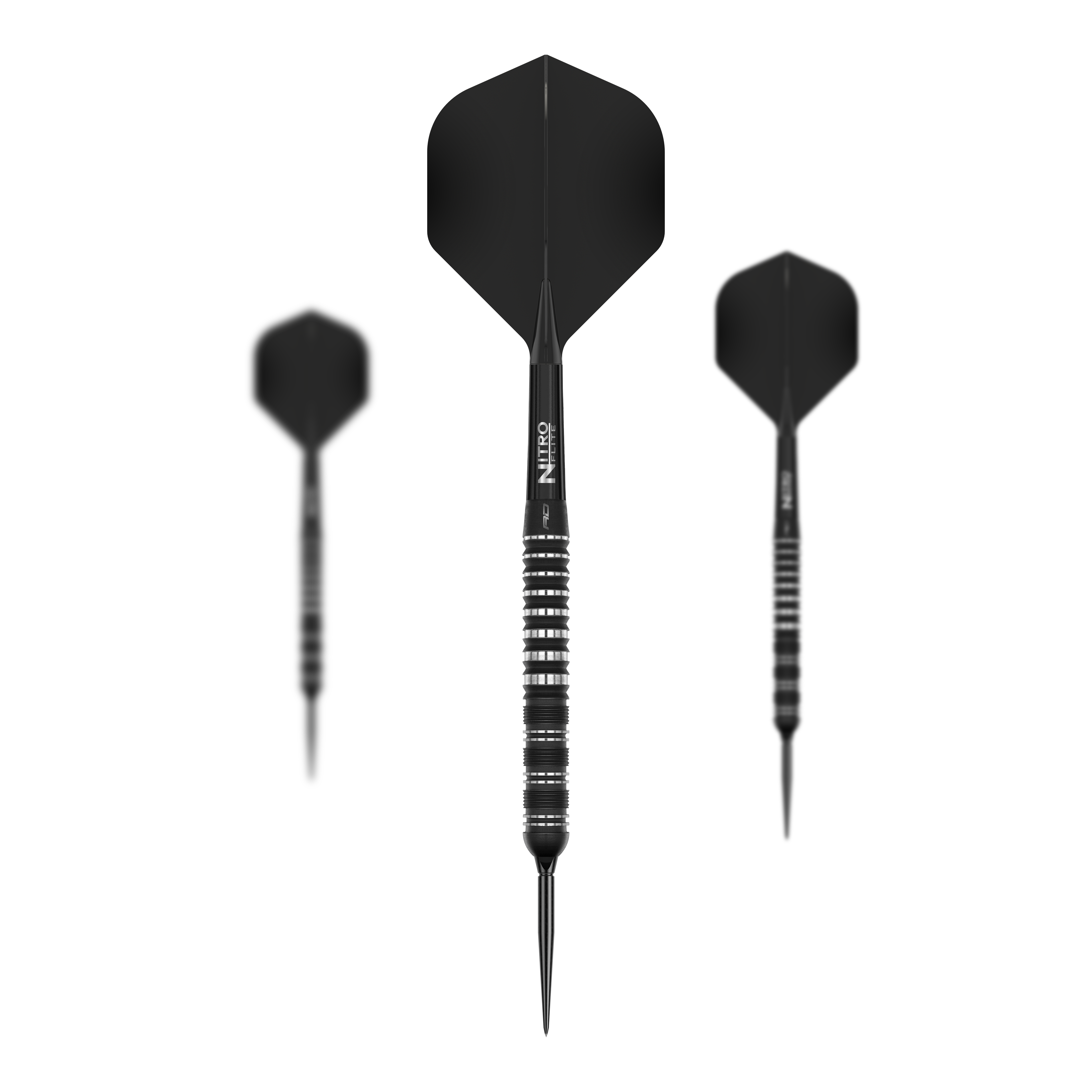 Gezeigt wird ein Set der Red Dragon Sable Parallel Switch Point Steeldarts. Das Set enthält drei Darts in silberner Farbe.