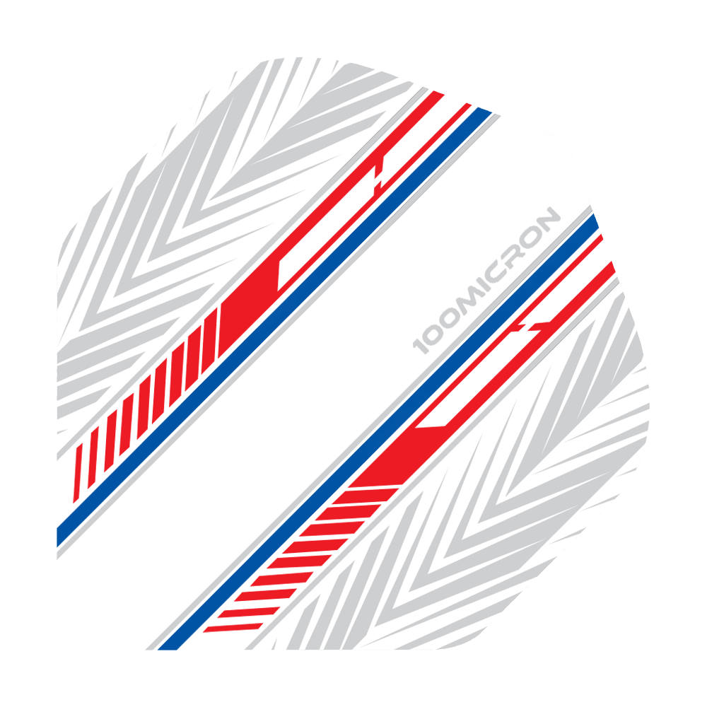 Pentathlon Flights weiß/rot/blau Das Bild zeigt ein Dartflight in Weiß mit roten und blauen Streifen. Auf dem Flight steht „100 Micron“ und es hat ein geometrisches Muster im Hintergrund.