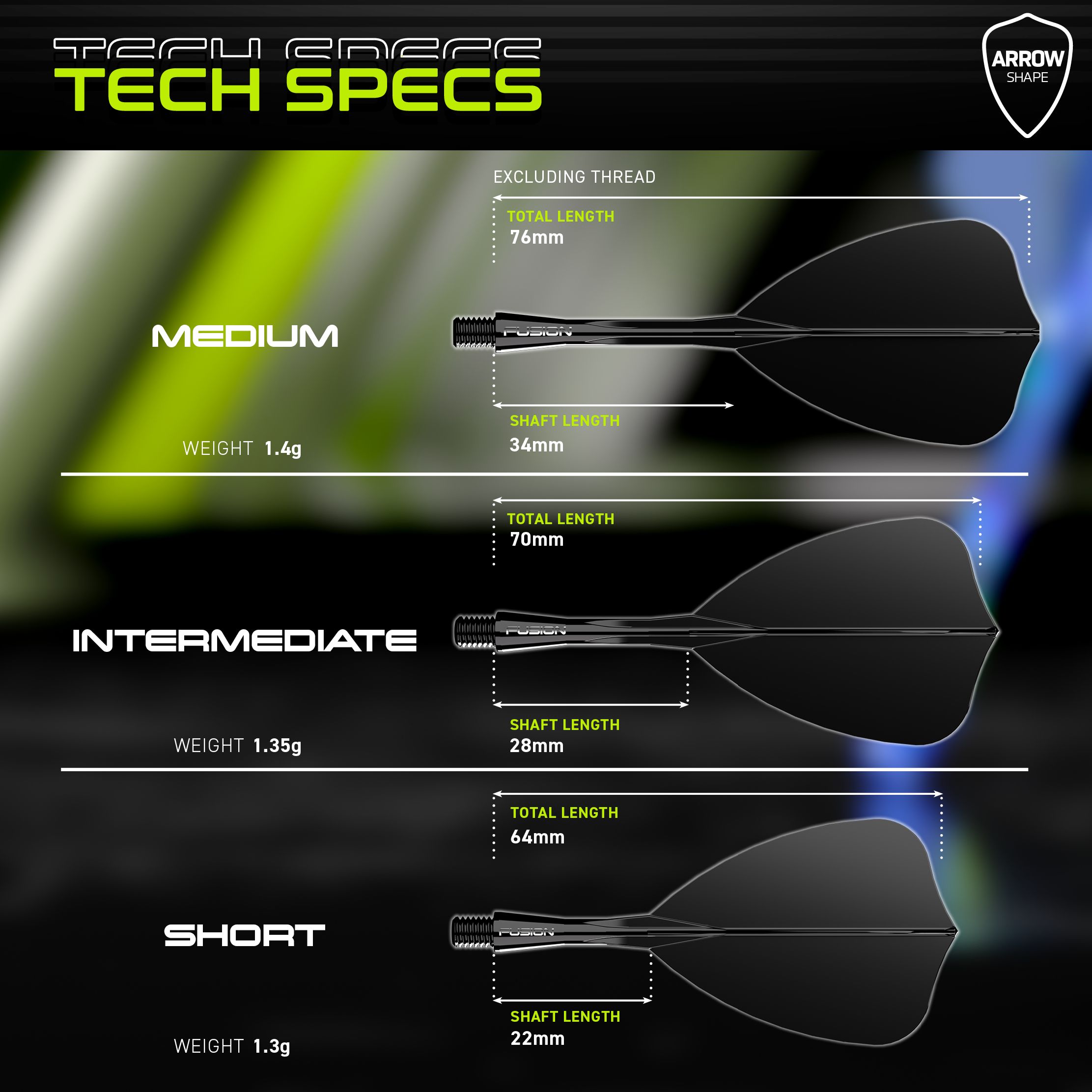 Das Bild zeigt technische Spezifikationen für drei verschiedene Längen des Winmau Fusion Arrow Flight-Shaft-Systems: Medium, Intermediate und Short. Für jede Länge werden das Gewicht sowie die Gesamt- und Schaftlänge in Millimetern angegeben.
