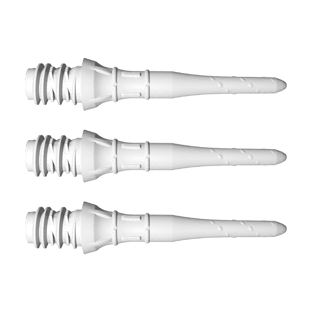 LIP38_L-Style_Premium_Lippoints_Short_Weiss_1 Das Bild zeigt drei kurze, weiße Spitzen aus Kunststoff, die nebeneinander liegen. Sie haben ein geriffeltes Gewinde am einen Ende und sind zur anderen Seite hin schmal zulaufend.