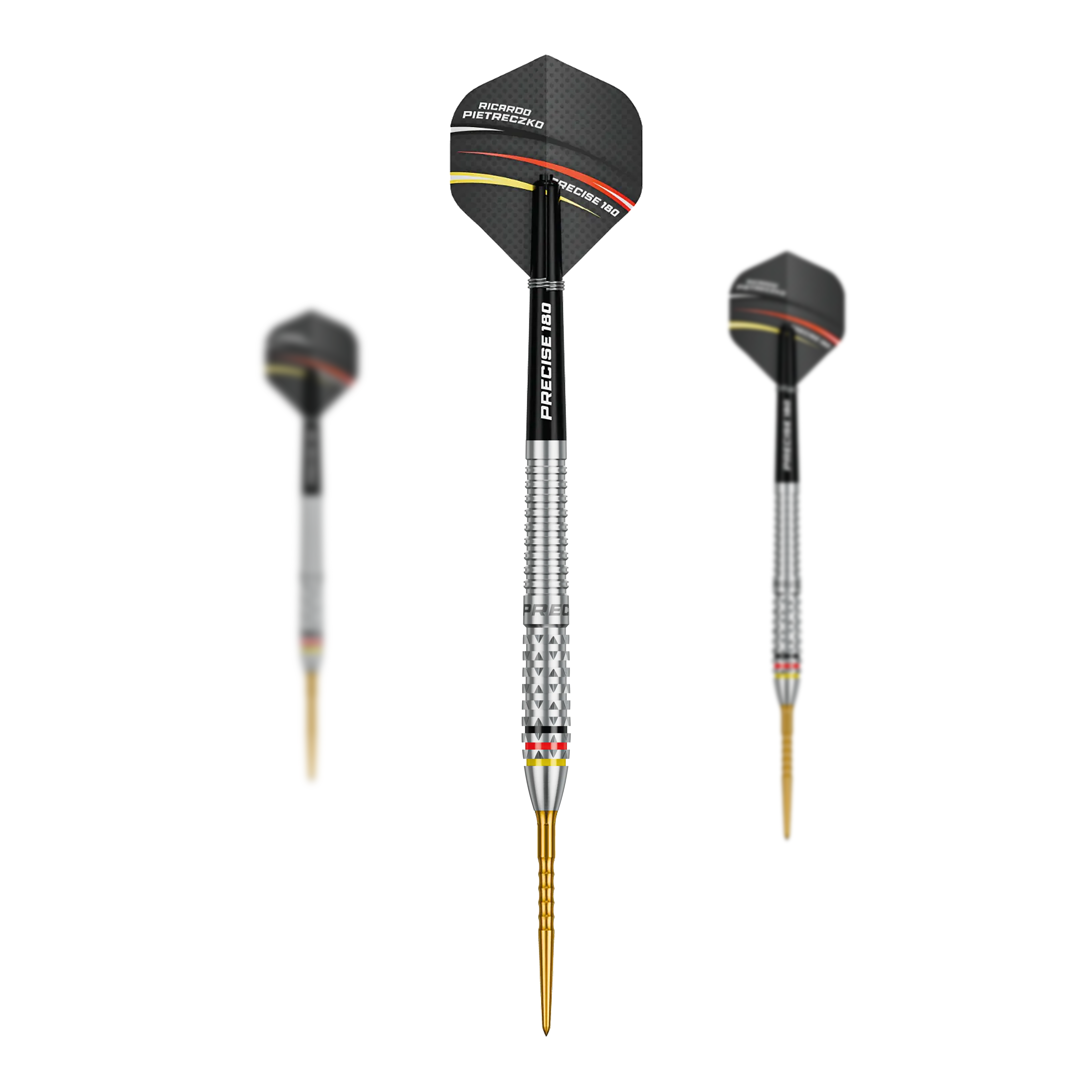 Precise 180 Ricardo Pietreczko GEN1 Steeldarts Das Bild zeigt ein Set der Precise 180 Ricardo Pietreczko GEN1 Steeldarts. Enthält mehrere Steeldarts für Wettkämpfe oder Training.