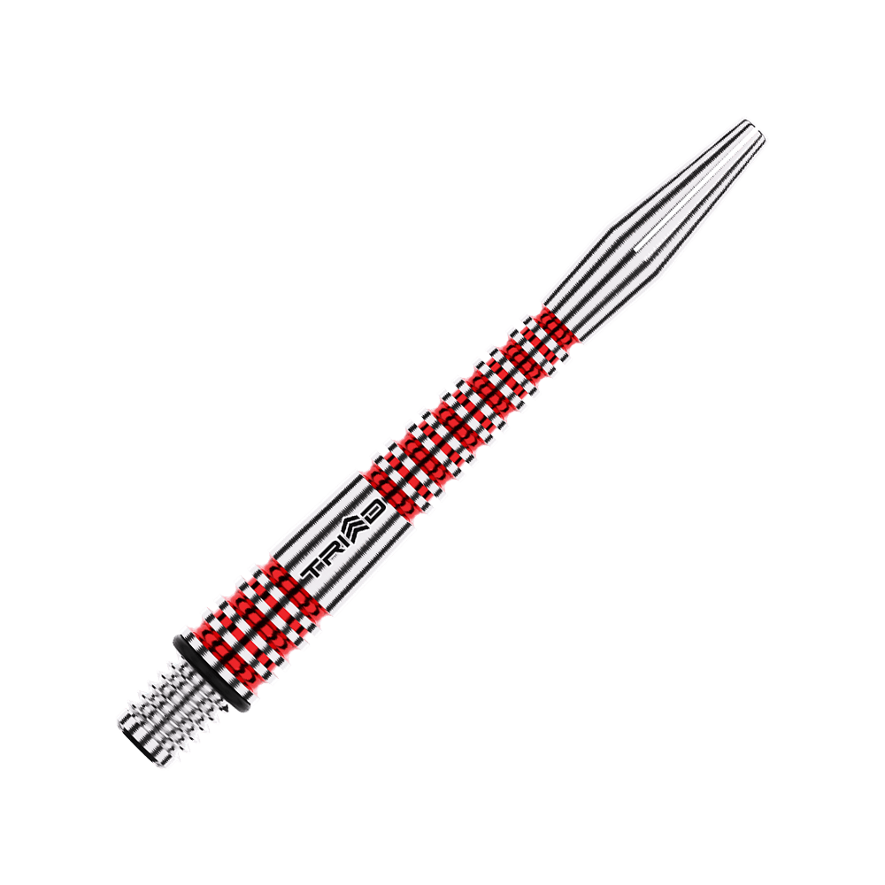 Winmau Triad RX Aluminium Shafts - Rot Das Bild zeigt einen silbernen Dart-Schaft mit rot-schwarzem Muster. Auf dem Schaft steht das Wort "TRIAD".