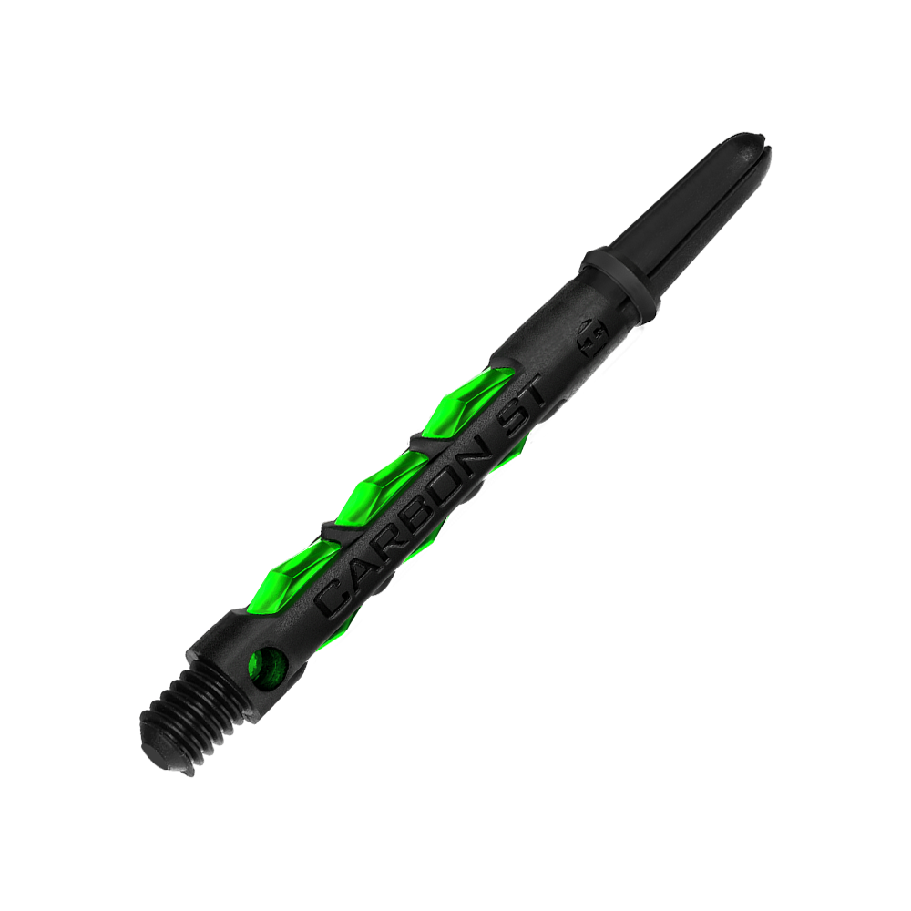 Das Bild zeigt einen Harrows Carbon ST Shaft in der Farbe Grün. Der Schaft besteht aus schwarzem Material mit grünen Akzenten und der Aufschrift "CARBON ST".