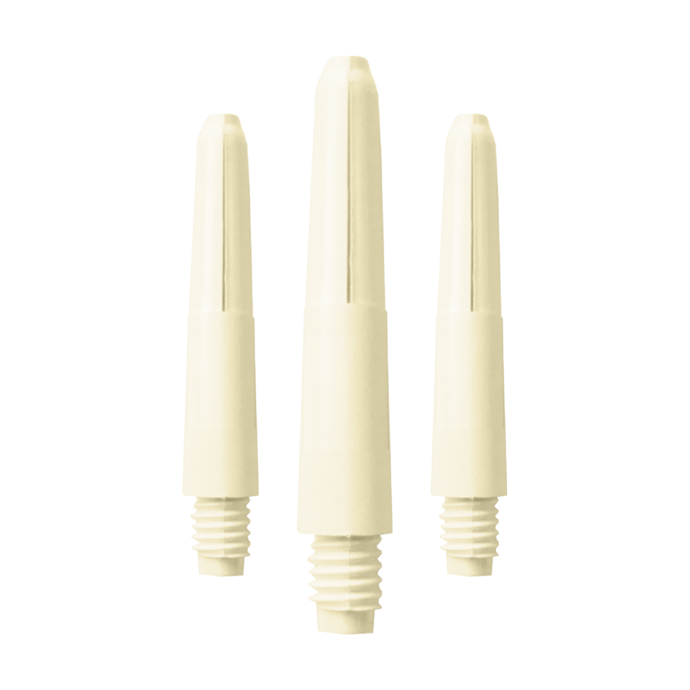 575_Nylon_Shafts_Naturweiss_28mm_1 Das Bild zeigt drei Nylon-Schäfte in Naturweiß. Sie haben ein Schraubgewinde am unteren Ende.