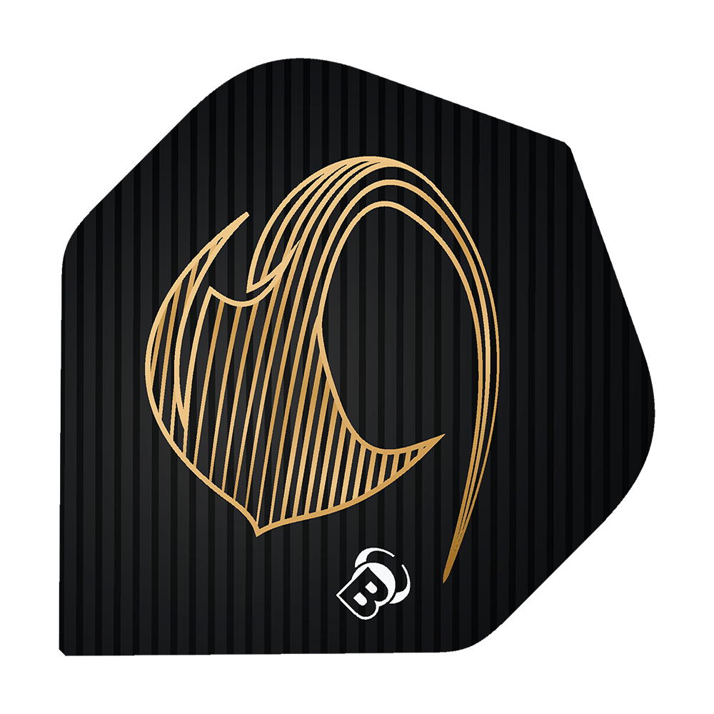Bulls Metrixx Stingray No2 Standard Flights Das Bild zeigt ein schwarzes Dart Flight mit einem goldenen, stilisierten Stingray-Design. Unten ist ein kleines weißes "B" Logo abgebildet.