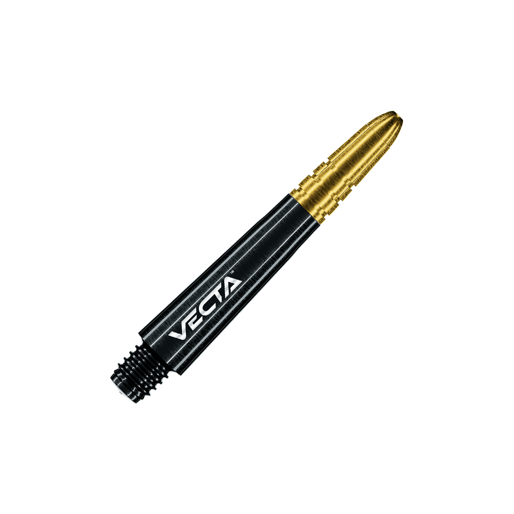 7025-109_Winmau_Vecta_Shafts_Schwarz_Gold_34mm_2 Das Bild zeigt einen Winmau Vecta Shaft in den Farben Schwarz und Gold. Auf dem Schaft steht der Schriftzug "VECTA".