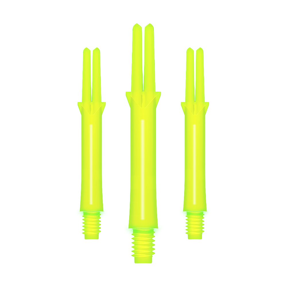 Auf dem Bild sind drei gerade, neon-gelbe Ersatzschäfte für Darts zu sehen. Sie haben ein Schraubgewinde am unteren Ende und sind in der Mitte etwas länger.