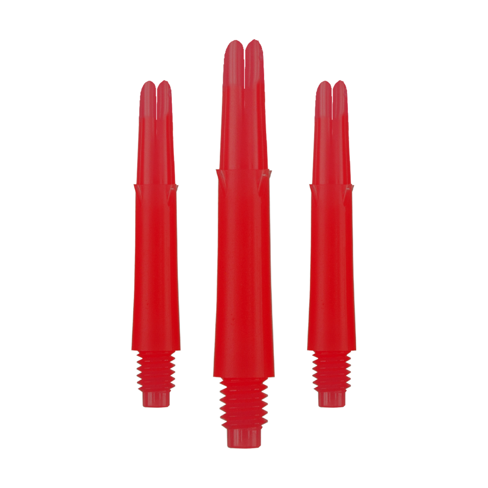 L-Style L-Shafts Locked Straight - Red 190 Auf dem Bild sind drei rote, gerade Dartschäfte zu sehen. Sie haben ein Schraubgewinde am unteren Ende und sind jeweils 32 mm lang.