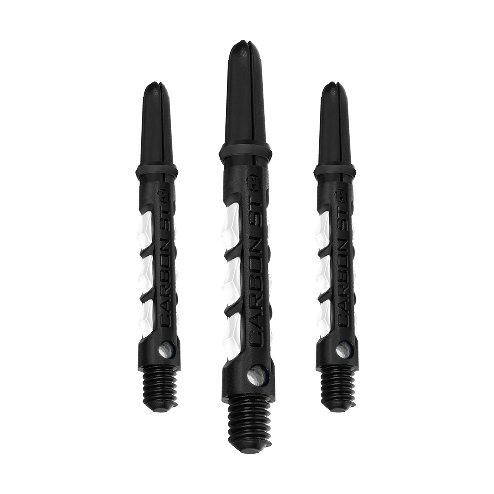 HR438_Harrows_Carbon_ST_Shafts_Weiss_40mm_1PQn7quU0Gc5WM Das Bild zeigt drei weiße Harrows Carbon ST Shafts für Dartpfeile. Die Schäfte haben ein modernes, schwarzes und weißes Design.