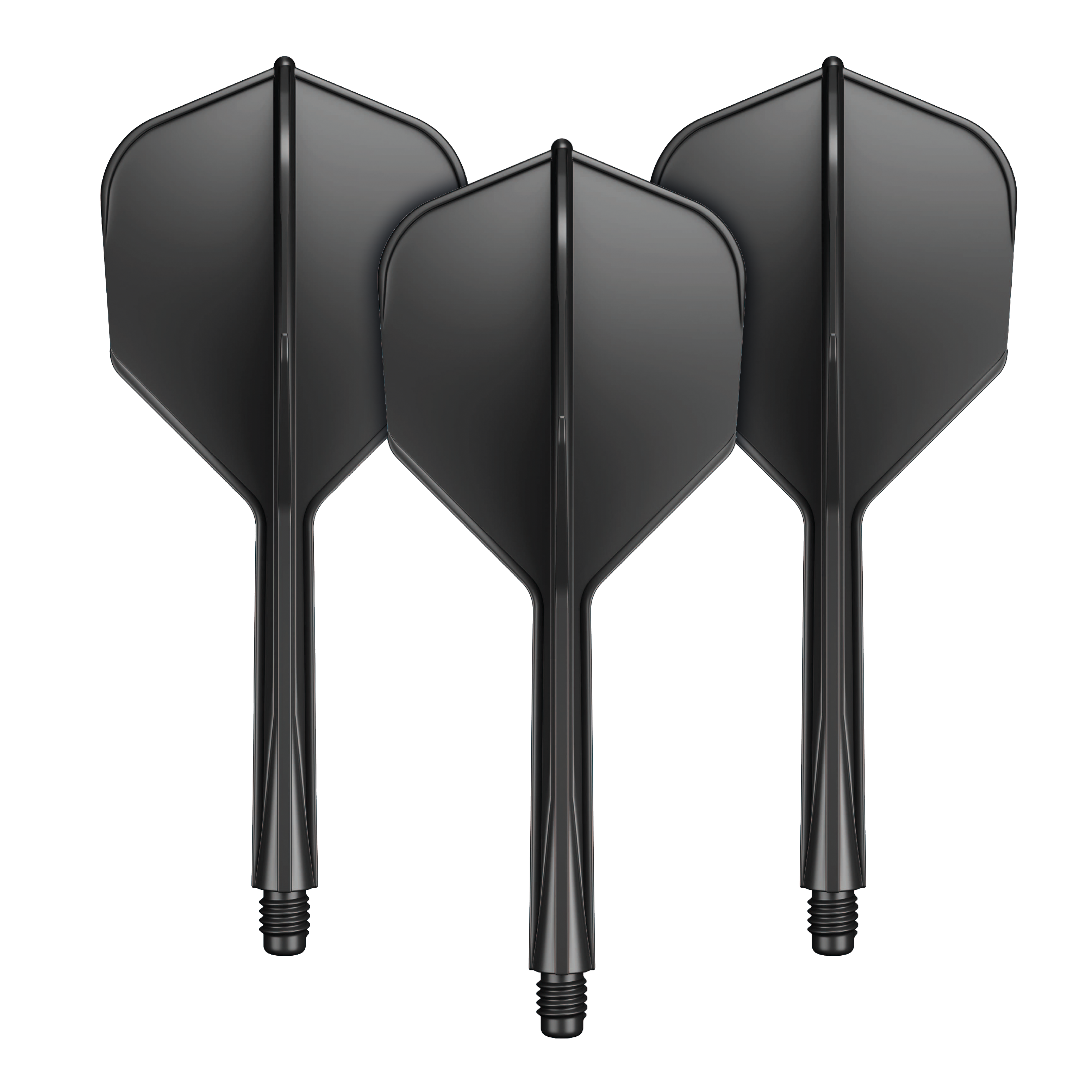 Das Bild zeigt drei schwarze Dart-Flights mit integrierten Shafts. Sie sind in einer Reihe angeordnet und haben ein modernes, schlichtes Design.