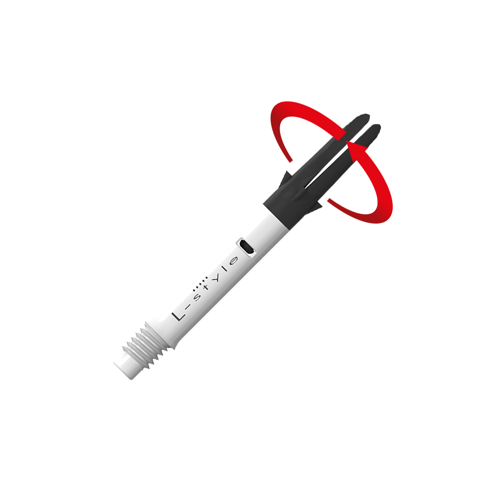 L-Style L-Shaft Carbon Silent Straight - Weiß Das Bild zeigt einen weißen und schwarzen Dartshaft mit der Aufschrift "L-style". Ein roter Pfeil deutet auf eine Drehbewegung an der oberen schwarzen Spitze des Schafts hin.