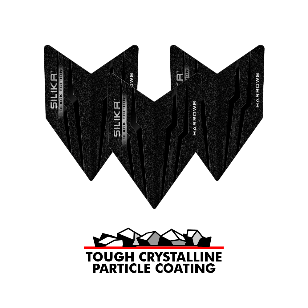 Harrows Silika Black-Edition Velos Flights Das Bild zeigt die Harrows Silika Black-Edition Velos Flights in schwarzem Design. Unter den Flights steht der Slogan "Tough Crystalline Particle Coating" mit einer Grafik von Kristallen.