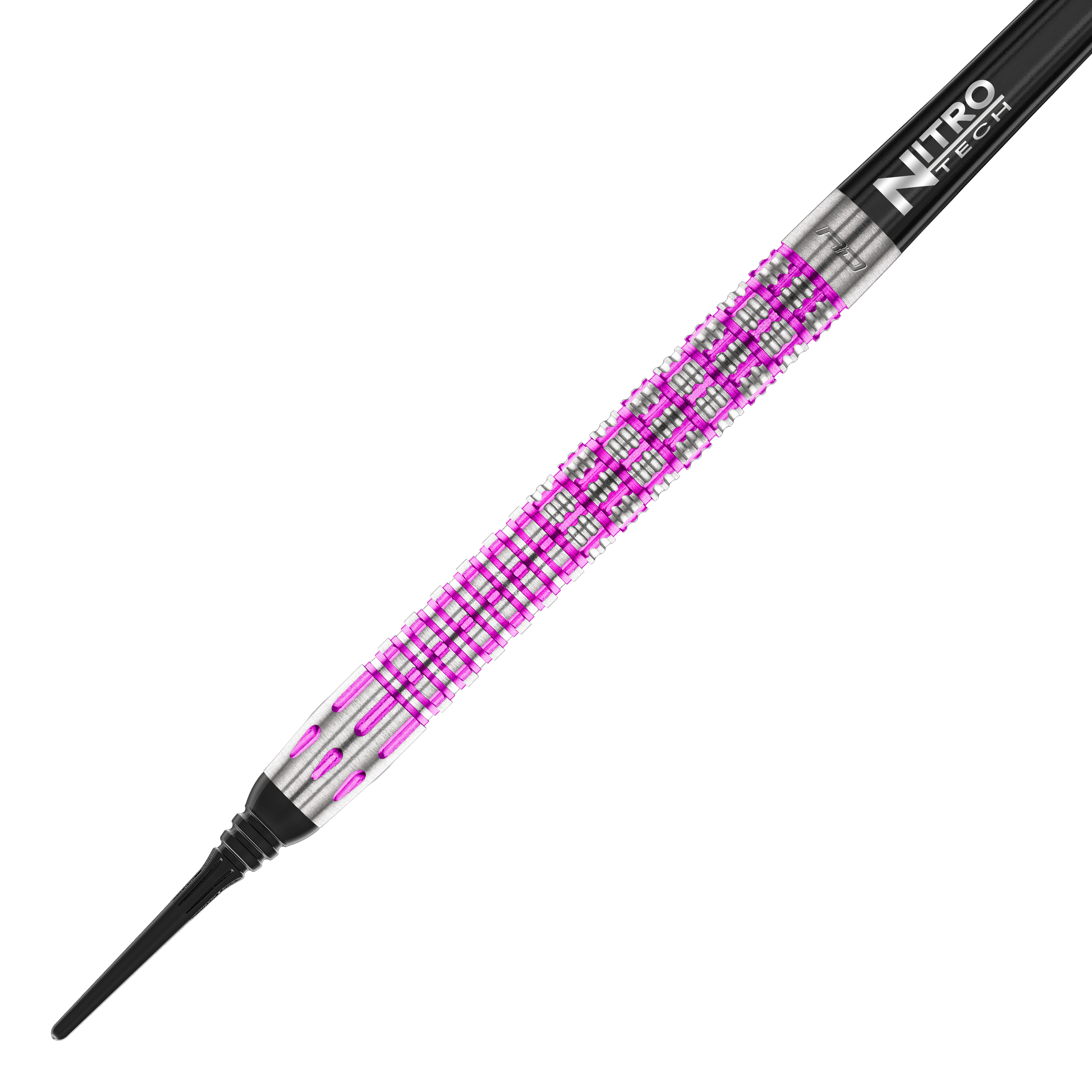 Red Dragon Tyrian Softdarts - 22g Das Bild zeigt einen Red Dragon Tyrian Softdart mit einem Gewicht von 22g. Der Dart hat ein auffälliges Muster in Silber und Pink am Griff.
