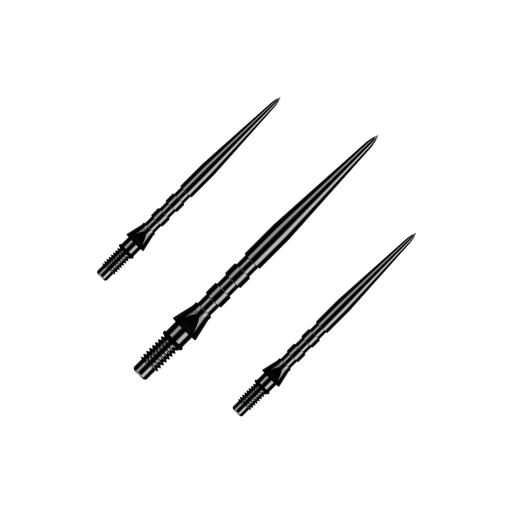 Das Bild zeigt ein Set von Winmau Switch Point Groove Black Steeldartspitzen mit 30 mm Länge. Es ist Darts-Zubehör für den Sport.