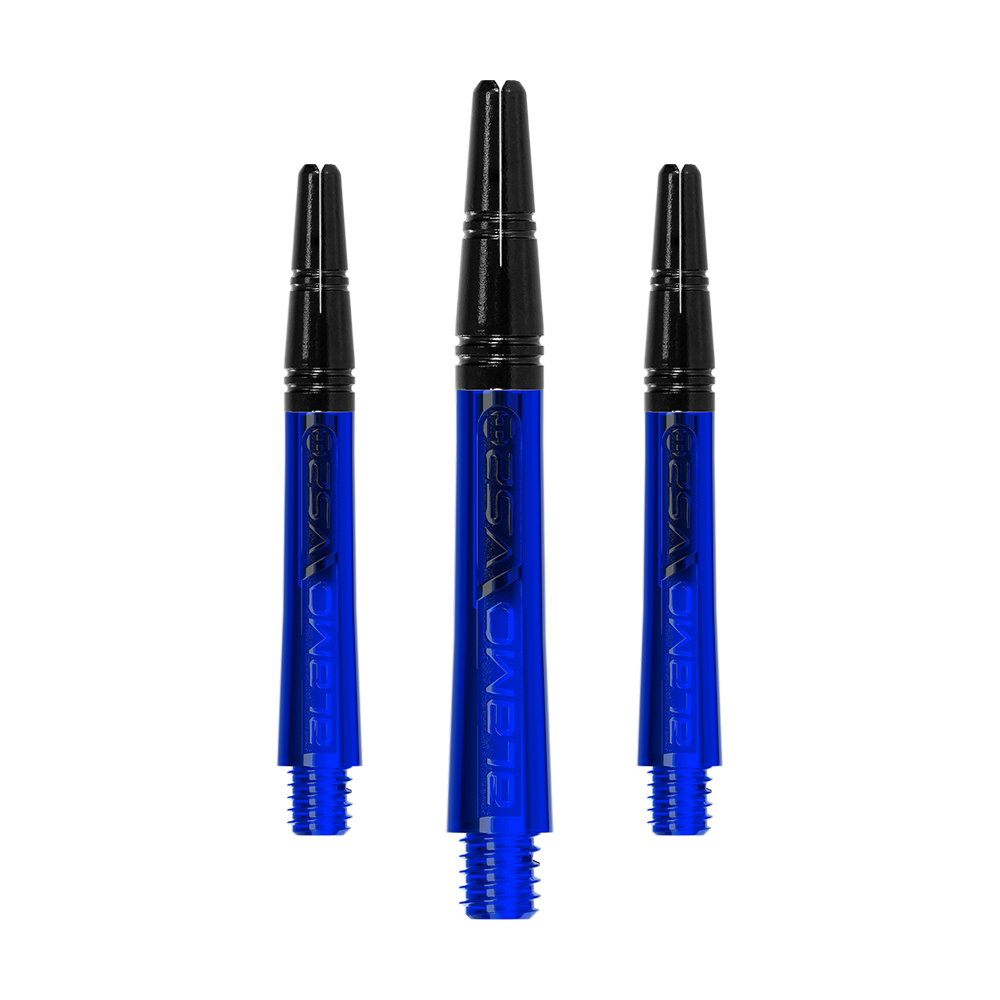 Das Bild zeigt drei blaue Dart-Schäfte mit schwarzen Spitzen. Sie stehen nebeneinander und sind identisch gestaltet.