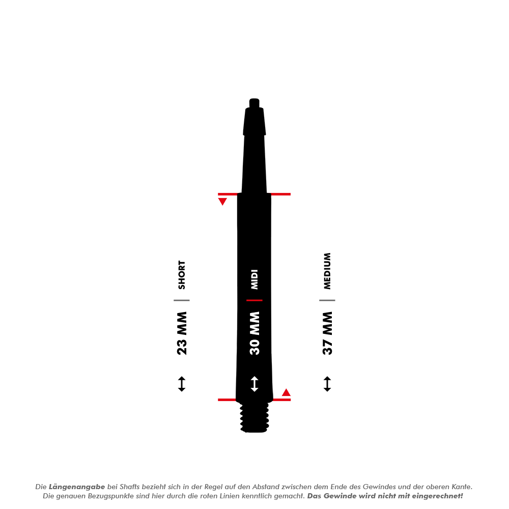 Das Bild zeigt die Harrows Clic Standard Shafts in Schwarz mit drei Längenoptionen: Short (23 mm), Midi (30 mm) und Medium (37 mm). Die Längen werden zwischen den roten Linien gemessen, das Gewinde ist nicht mit eingerechnet.