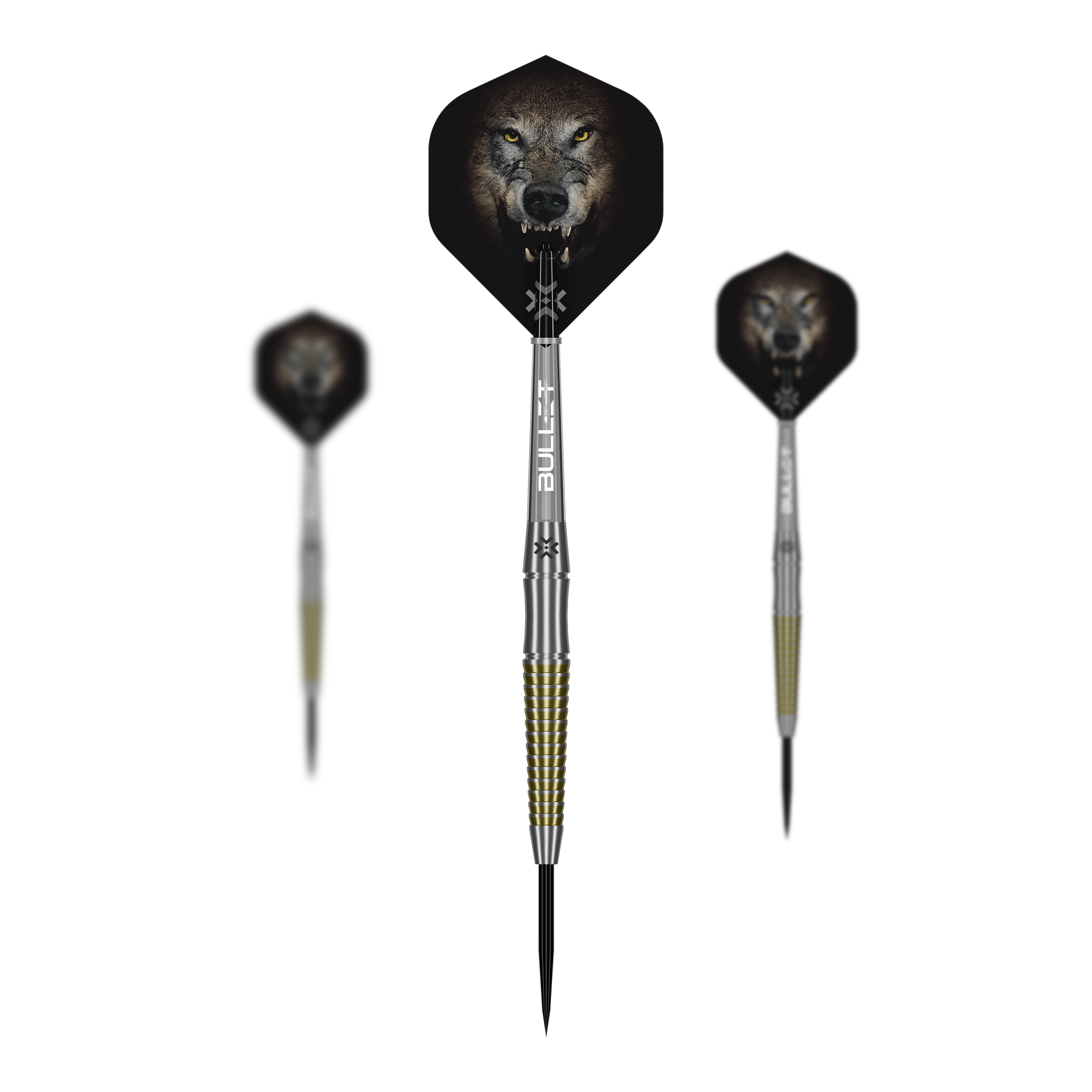 Bullet Fang Steeldarts Das Bild präsentiert ein Set der Bullet Fang Steeldarts. Mehrere Darts sind als Set zusammen abgebildet.
