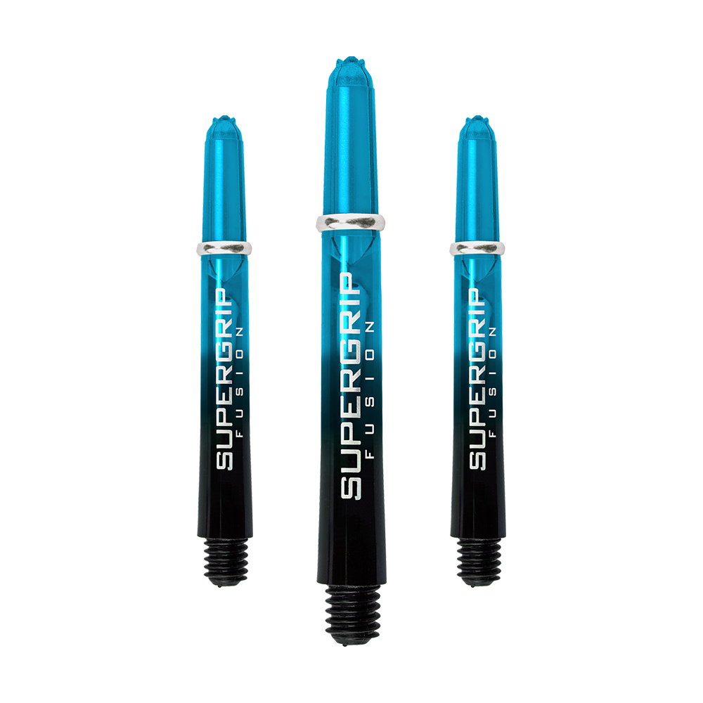 HR346_Harrows_Supergrip_Fusion_Shafts_Aqua_40mm_1IkaPnnB9vqzh7 Das Bild zeigt drei Harrows Supergrip Fusion Shafts in der Farbe Aqua. Die Shafts sind oben blau und unten schwarz mit weißer Schrift.