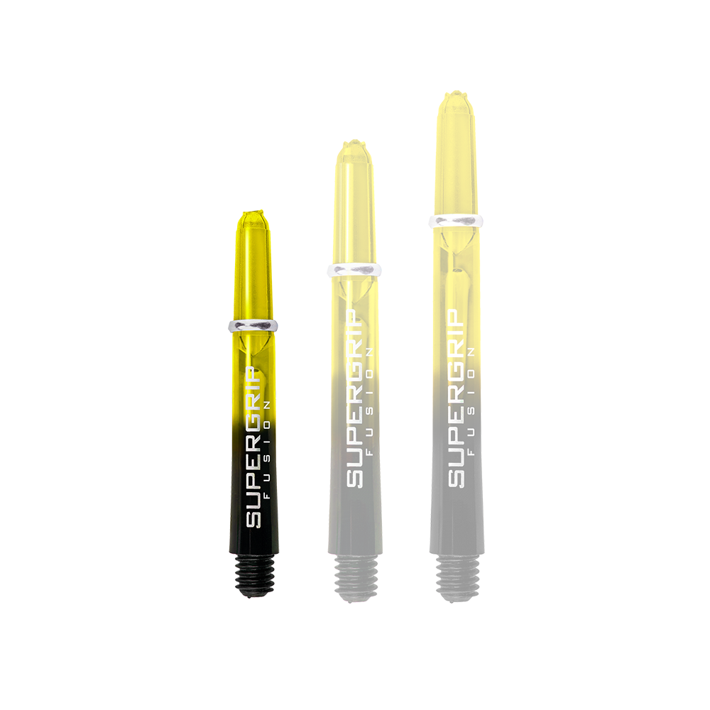 HR348_Harrows_Supergrip_Fusion_Shafts_Gelb_33mm_1ONdDFq5hZIp5C Auf dem Bild sind drei Harrows Supergrip Fusion Shafts in Gelb zu sehen. Die Shafts sind unterschiedlich lang und haben ein modernes, transparentes Design.