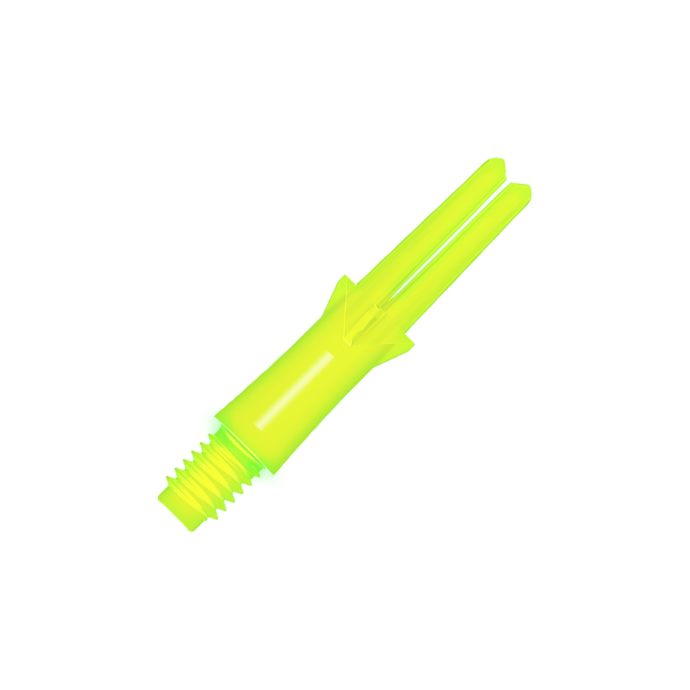 L-Style L-Shafts Locked Straight - Neon Yellow Das Bild zeigt einen neongelben geraden Flightschaft für Dartpfeile. Der Schaft hat ein Schraubgewinde an einem Ende und eine offene Gabel am anderen Ende.