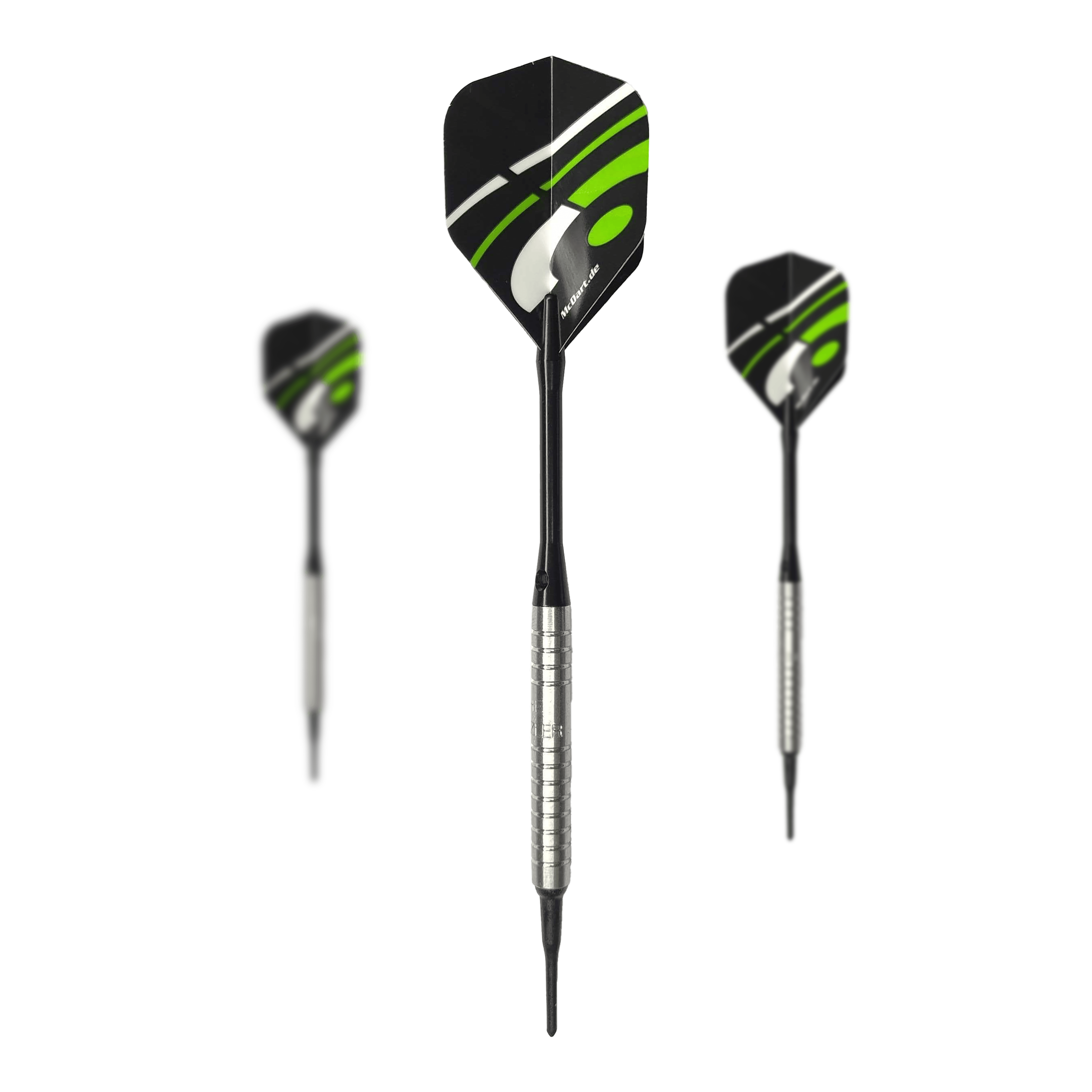 McDart 85er Tungsten V16 Softdarts - 16,5g Das Bild zeigt drei Softdarts des Modells "McDart 85er Tungsten V16" mit einem Gewicht von 16,5g. Die Darts haben silberne Griffe und schwarze Flights mit grünen und weißen Akzenten.