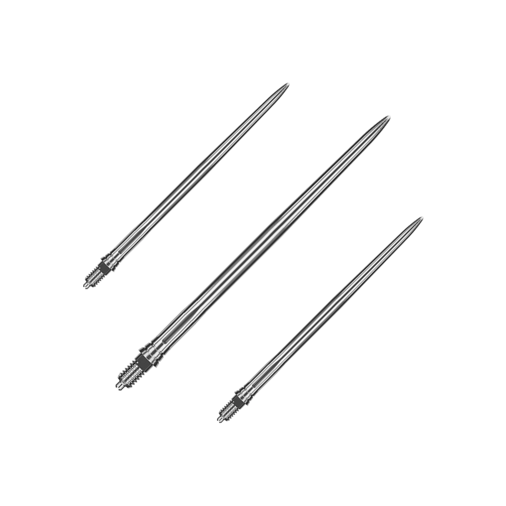 Caliburn EZ-EVO Dartspitzen - Smooth - Silber Abgebildet ist ein Set glatter silberner Dartspitzen, je 45mm lang. Das Produkt bietet mehrere Ersatzspitzen für Dartspieler.