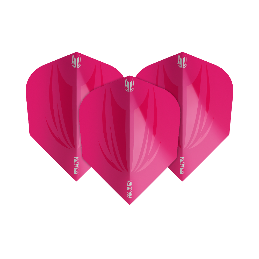 TG419_Target_ProUltra_ID_Pink_No6_Flights_1GOu20S925AFtl Das Bild zeigt drei pinkfarbene Dart-Flights der Marke Target ProUltra ID in der Größe No6. Sie haben ein glänzendes Design mit dem Schriftzug "PRO ULTRA" am unteren Rand.