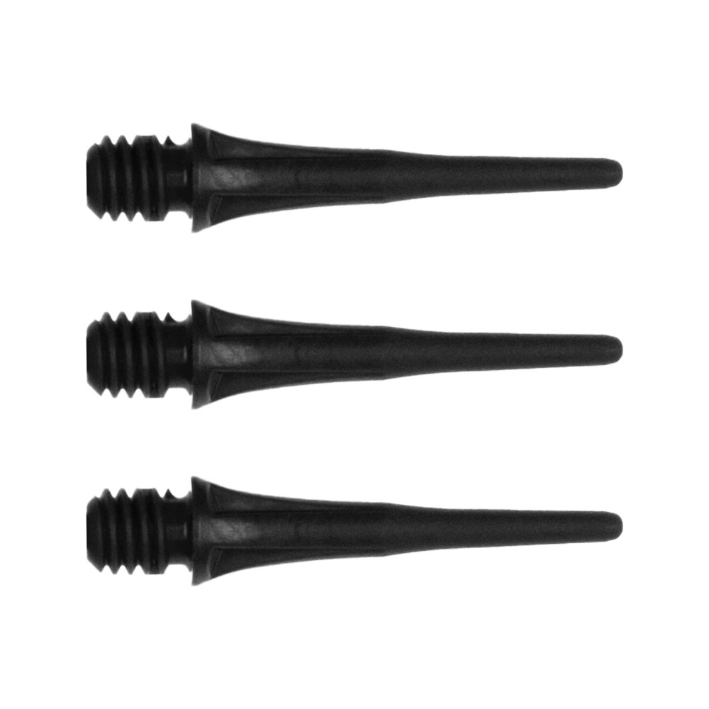 X9078_Cosmo_Fit_Point_Plus_2BA_Spitzen_Schwarz_1 Das Bild zeigt drei schwarze Dartspitzen mit Schraubgewinde. Sie sind nebeneinander auf weißem Hintergrund angeordnet.