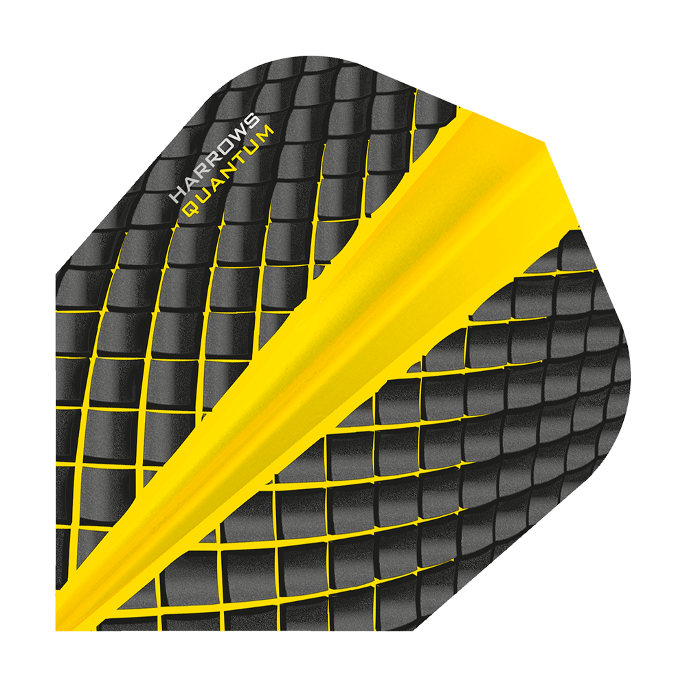 HR6809_Harrows_Quantum_Gelb_No6_Flights_1 Das Bild zeigt das Produkt "Harrows Quantum Gelb No6 Flights". Das Dart-Flight ist schwarz mit einem gelben Muster und hat eine strukturierte Oberfläche.