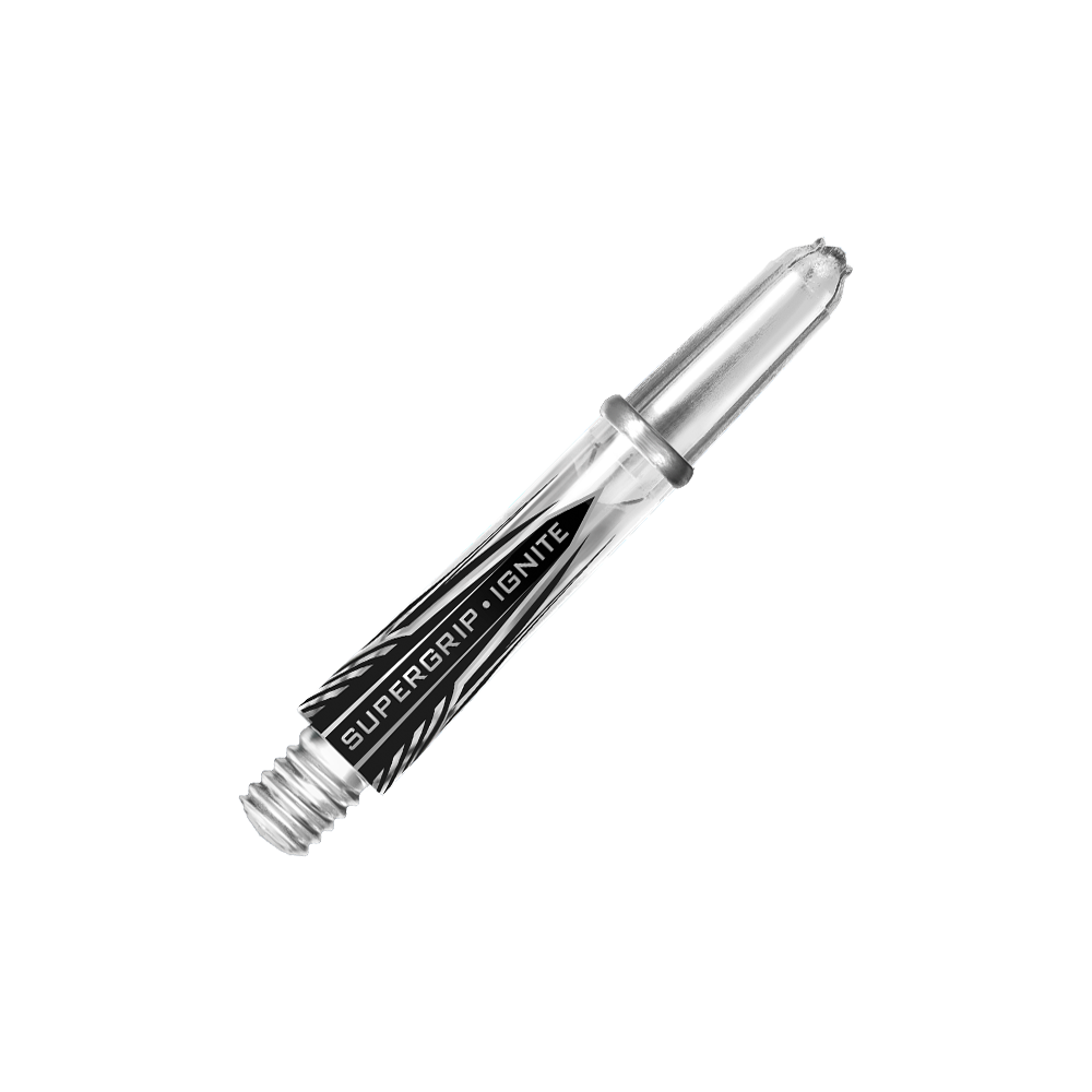 Das Bild zeigt einen klaren Harrows Supergrip Ignite Shaft für Darts. Auf dem Schaft steht der Schriftzug "SUPERGRIP IGNITE".