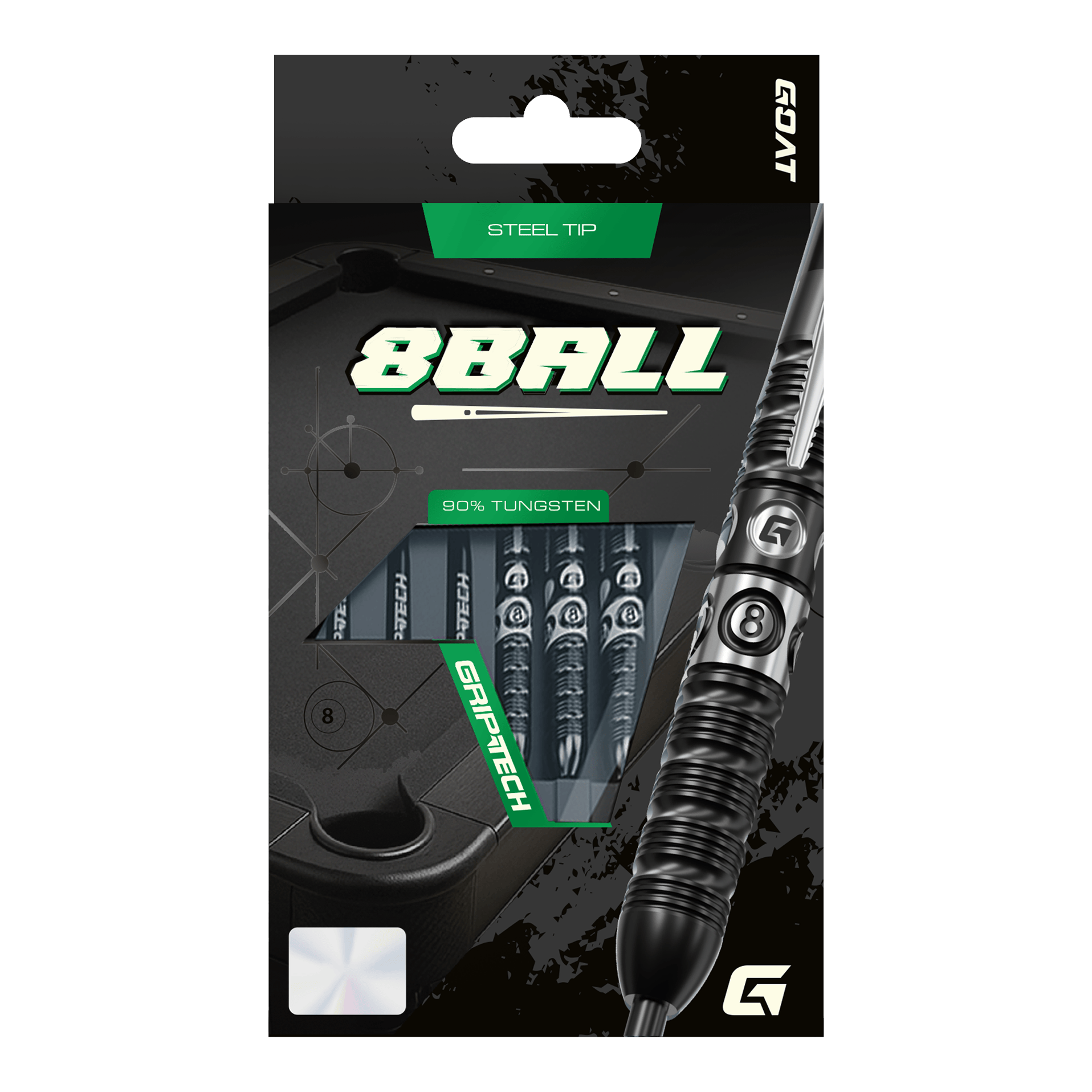 Das Bild stellt die GOAT 8Ball Steeldarts dar. Details des Dartpfeils sind klar erkennbar.