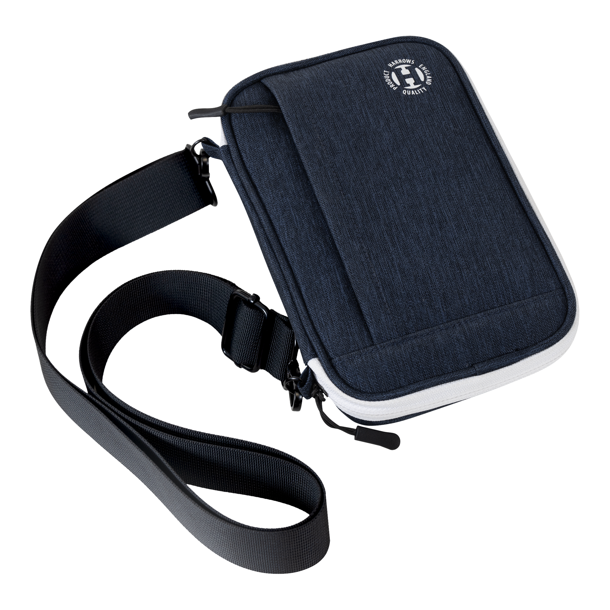 Harrows Smart Case XL Dartwallet Das Bild zeigt eine blaue Tragetasche mit einem verstellbaren Schultergurt. Auf der Vorderseite befindet sich ein rundes Logo mit Schriftzug.