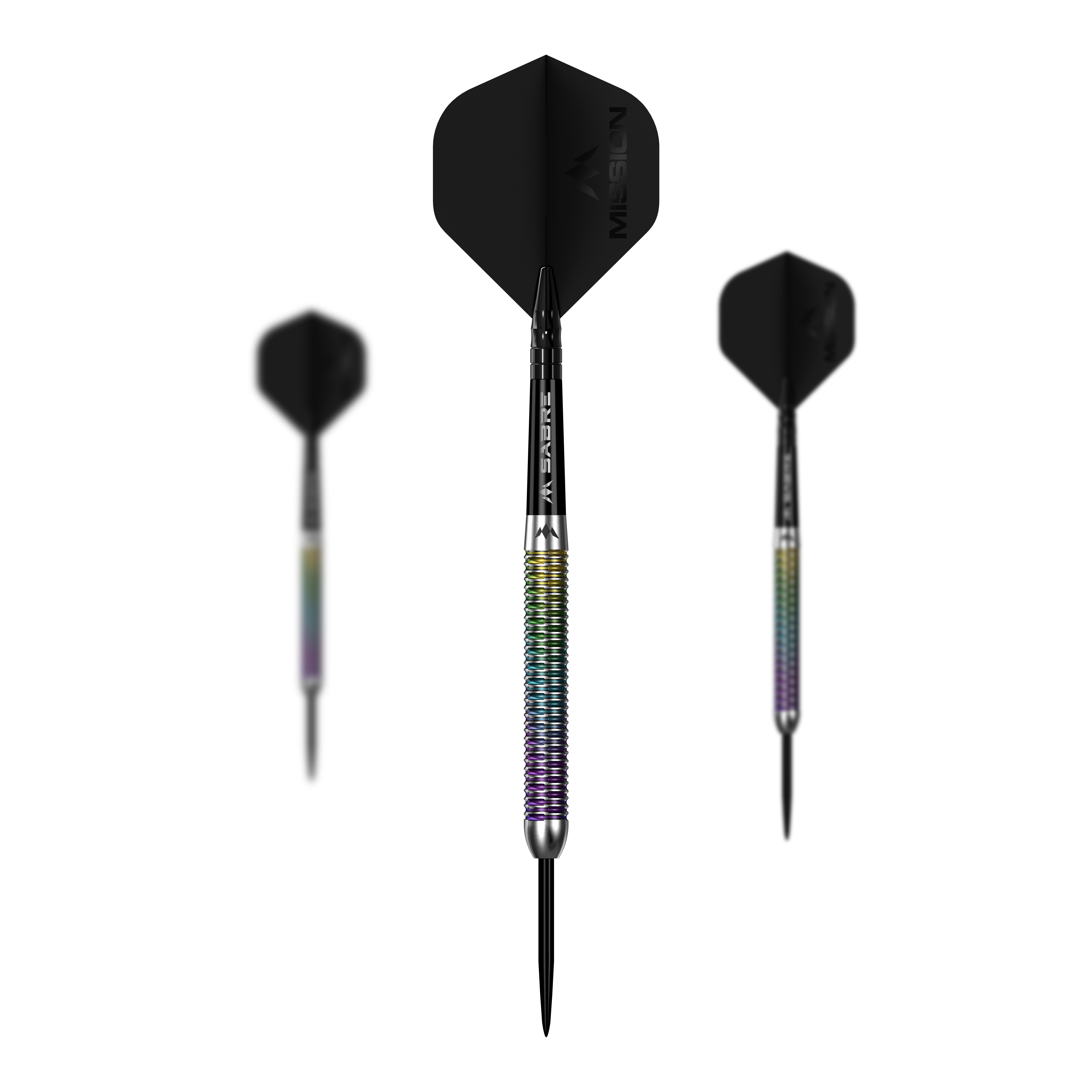 Zu sehen ist ein Set der Mission Kaleidos Steeldarts. Mehrere Darts liegen nebeneinander aufgereiht.