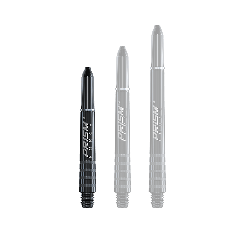 7020-101_Winmau_Prism_Force_Shafts_Schwarz_35mm_1RyWDPmYgB7dbO Auf dem Bild sind drei schwarze Dartschäfte in unterschiedlicher Länge zu sehen. Sie haben die Aufschrift "PRISM FORCE" in weißer Farbe.