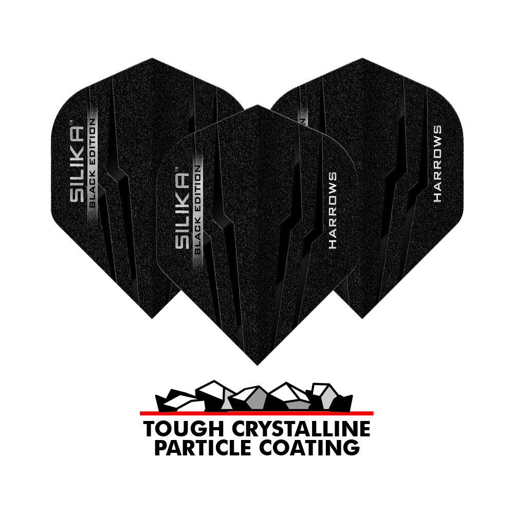 Harrows Silika Black-Edition No2 Standard Flights Das Bild zeigt drei schwarze Harrows Silika Black-Edition No2 Standard Flights. Unten steht der Schriftzug „Tough Crystalline Particle Coating“ mit einer Grafik von Kristallen.