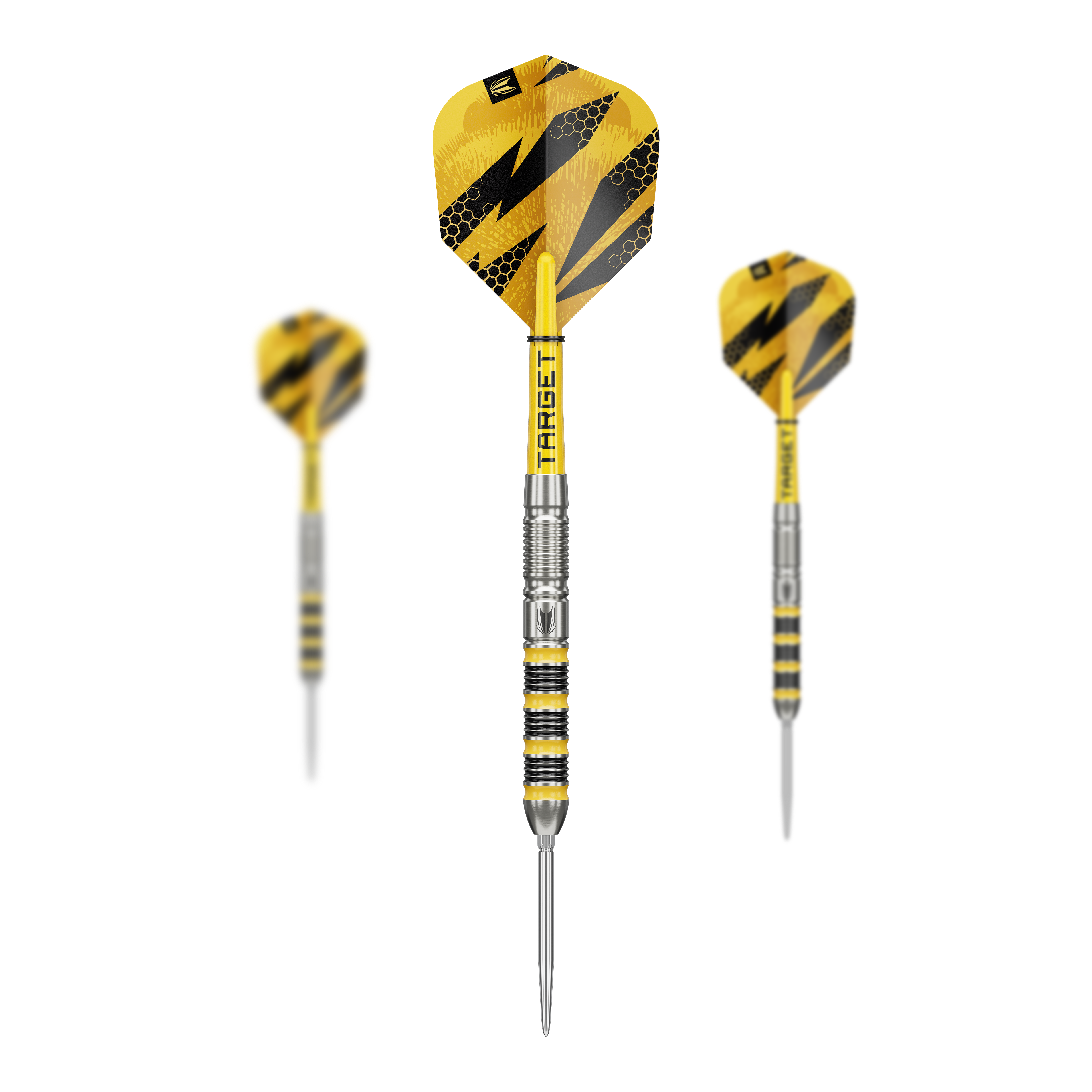 Abgebildet sind die Target Buzz 01 Swiss Points Steeldarts. Diese Darts sind robust und präzise gefertigt.