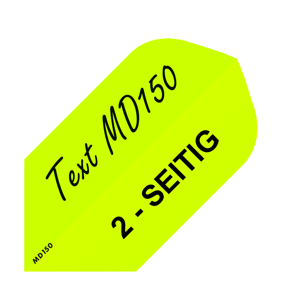 MD-255_2-Seitig_Bedruckte_Flights_Wunschtext_MD150_Neongelb_Slim_1 Das Bild zeigt einen gelben Dartflight mit schwarzer Aufschrift „Text MD150" und „2-SEITIG“. Es gehört zum Produkt „10 Satz Bedruckte Flights 2-Seitig - Wunschtext - MD150 Slim“.