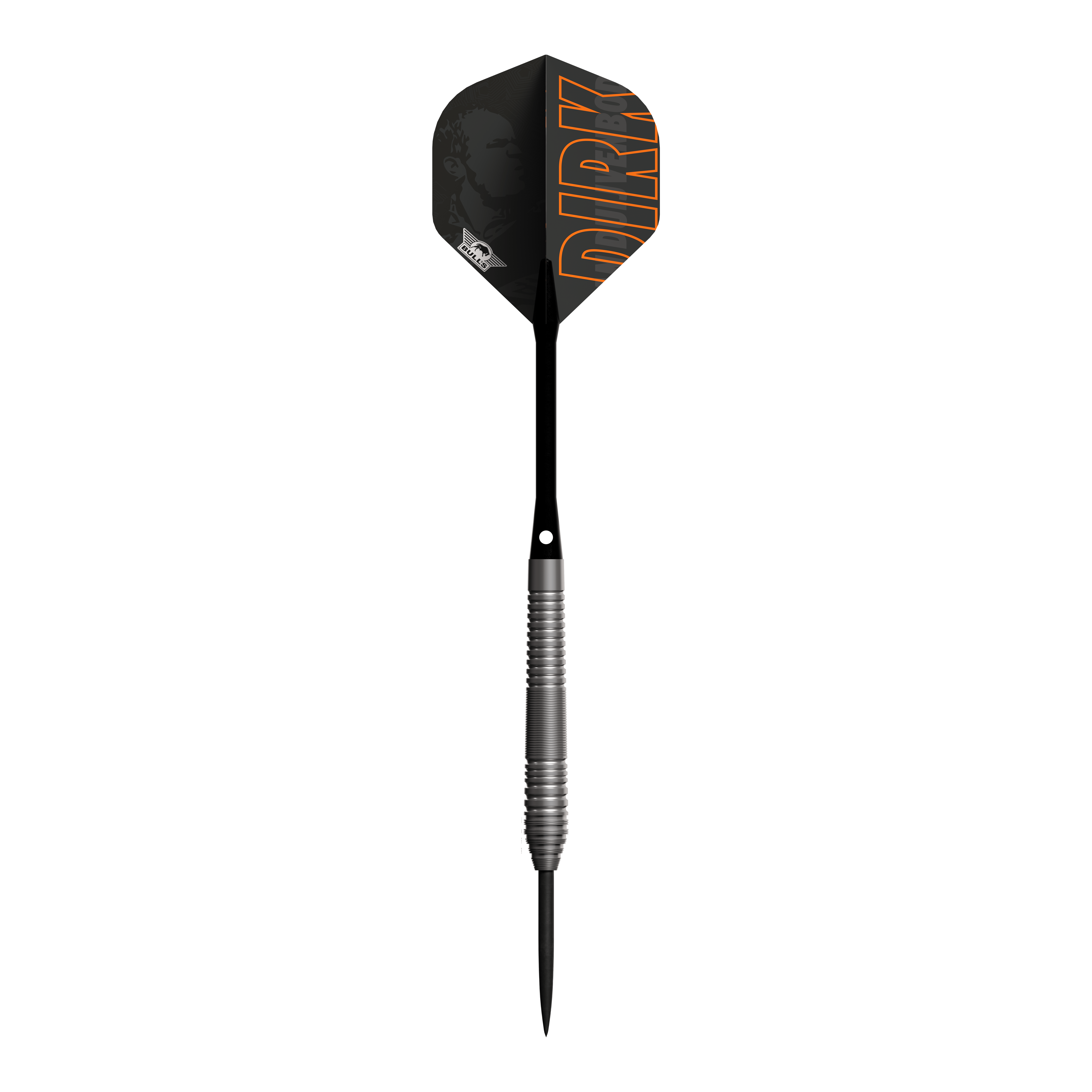 Bulls NL Dirk Van Duijvenbode 80 Steeldarts Dies ist ein Steeldart der Marke Bulls NL, Modell Dirk Van Duijvenbode 80. Der Dart hat einen schwarzen Flight mit dem Namen "DIRK" in orangefarbener Schrift.