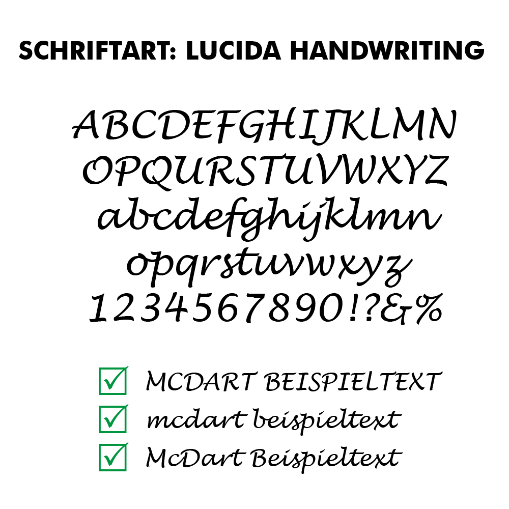 Flightdruck_Schriftart_LucidaHandwritingJL6dkRpa54zfF Dieses Bild zeigt die Schriftart „Lucida Handwriting“ mit allen Buchstaben, Zahlen und Sonderzeichen. Unten werden Beispieltexte in verschiedenen Schreibweisen der Schriftart angezeigt.