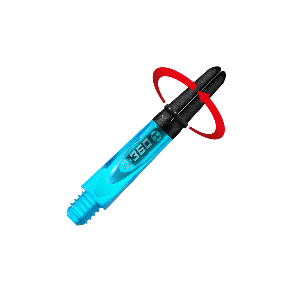 HR443_Harrows_Carbon_360_Shafts_Aqua_35mm_2_Symbol Das Bild zeigt einen blauen Dart-Schaft mit schwarzem oberen Ende. Auf dem Schaft steht "C-360" geschrieben.