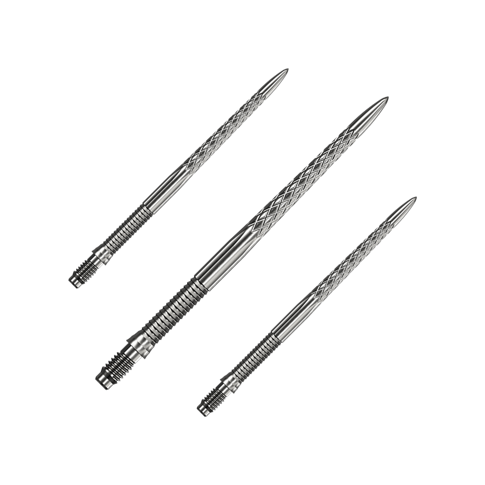 Mission R2.5 Rapid Point DSX Dartspitzen - Silber Das Bild zeigt ein Set von silbernen Dartspitzen mit einer Länge von 40 mm. Mehrere Spitzen sind als Gruppe abgebildet.