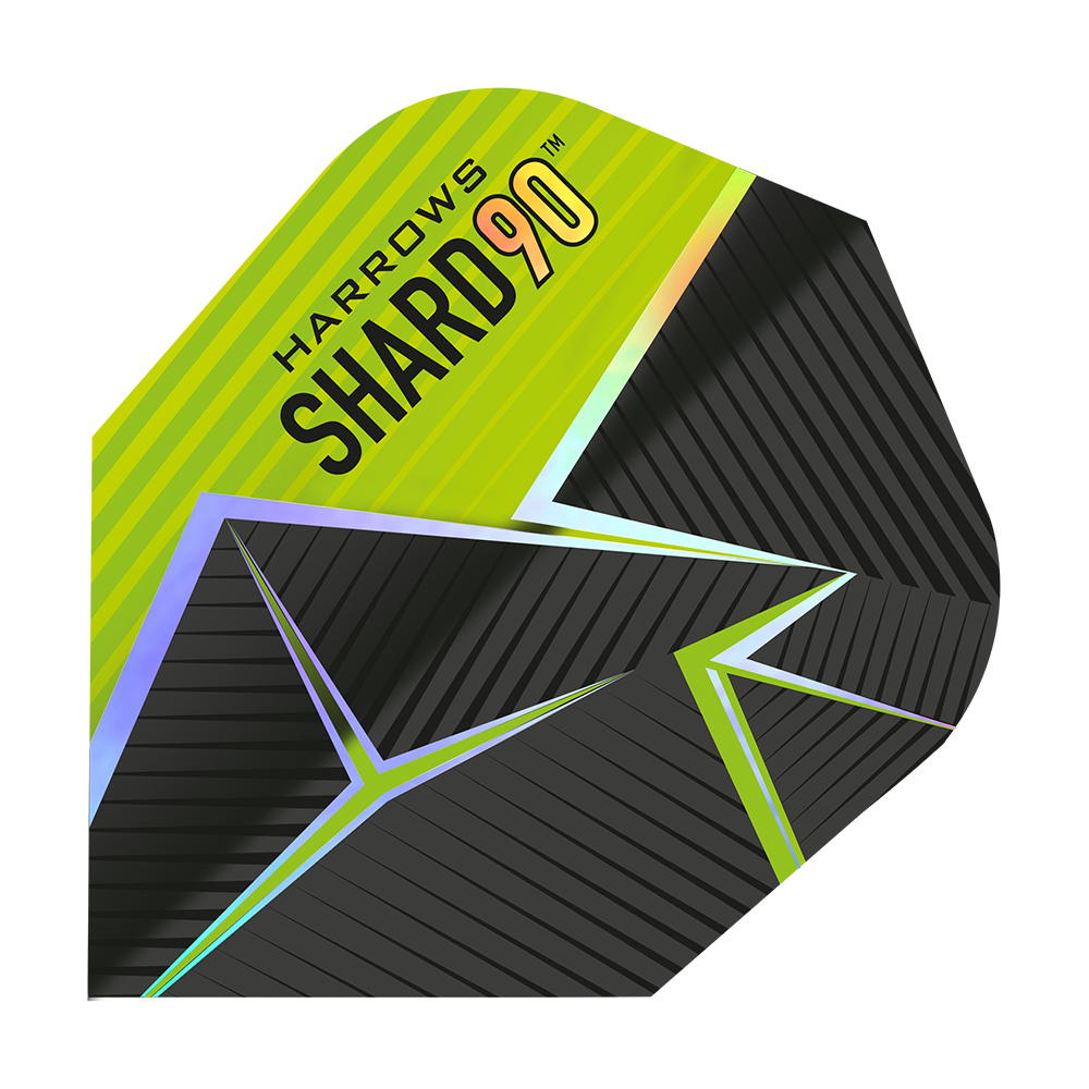Harrows Prime Shard No6 Flights Das Bild zeigt ein Dart-Flight mit dem Namen „Harrows Prime Shard No6“. Das Design ist schwarz und gelb mit geometrischen Linien und dem Aufdruck „SHARD 90“.