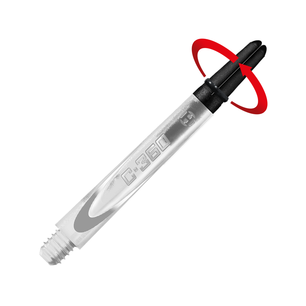 HR448_Harrows_Carbon_360_Shafts_Clear_49mm_2_Symbol Das Bild zeigt einen transparenten Dart-Schaft mit der Aufschrift "C-360". Der obere Teil des Schafts ist schwarz und hebt sich vor einem roten Hintergrund ab.