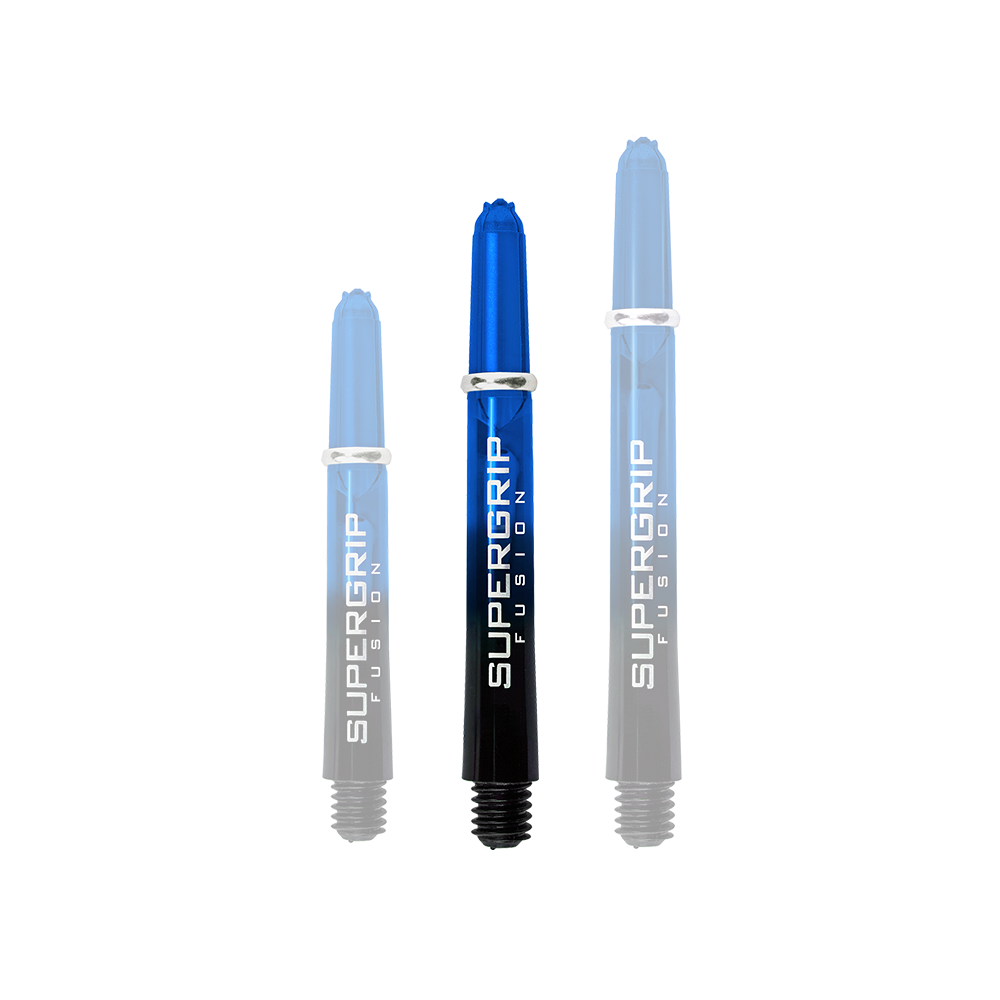 Das Bild zeigt drei blaue Harrows Supergrip Fusion Shafts in verschiedenen Längen. Die Shafts bestehen aus einem blauen und schwarzen Farbverlauf mit weißer Aufschrift.